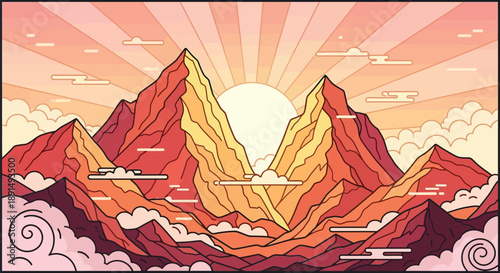 Stylized mountain range artwork depicts a dramatic sunrise or sunset through vibrant warm colors utilizing a modern line art aesthetic
