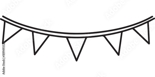 Black and white bunting flag line art illustration of simple triangular pennants hanging on curved rope
