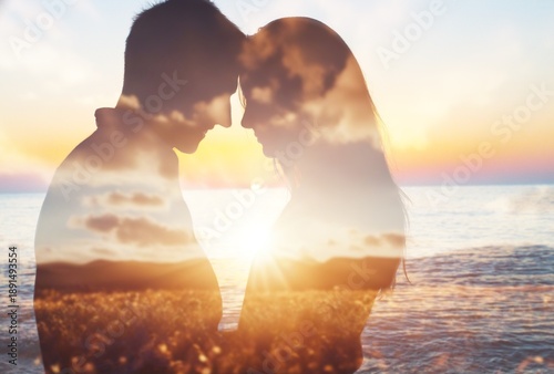 Fotografi Lovers silhoette couple on sunset nature