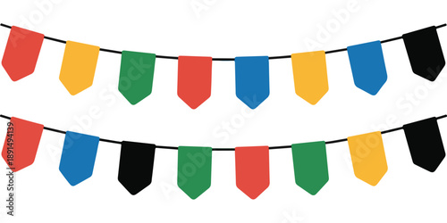 Set of two rows bunting flags in red yellow green and blue for party decor isolated on white