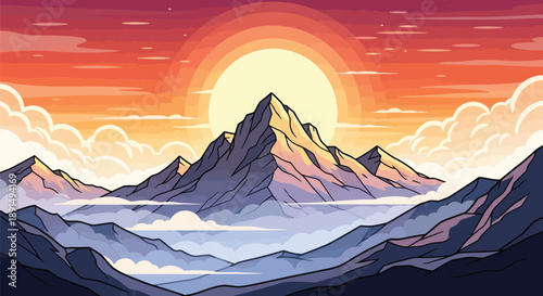 Majestic mountain peaks dominate a vibrant sunset landscape featuring stylized clouds and a glowing sun above the horizon