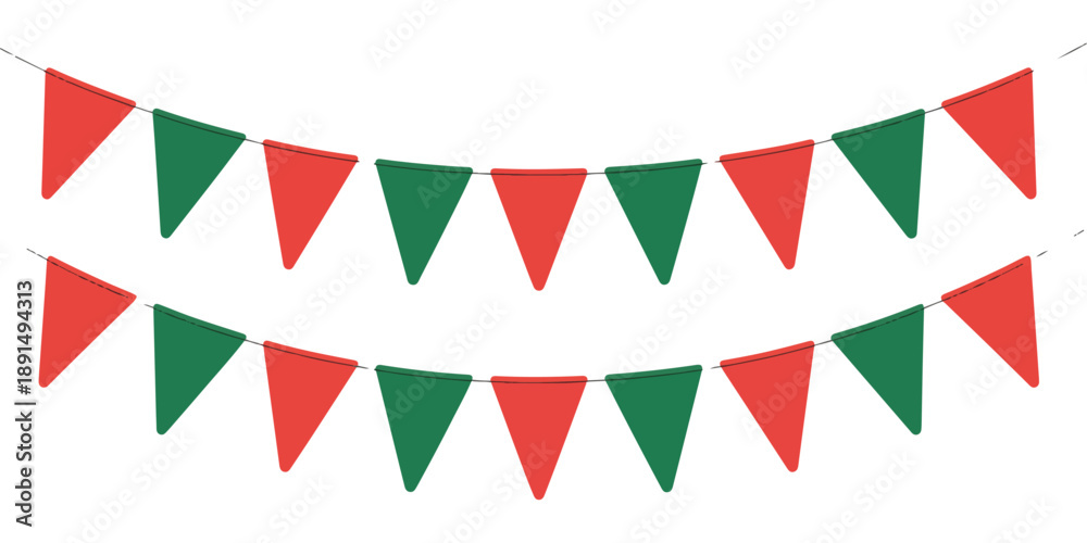Fototapeta premium Alternating red and green triangular bunting flags on strings for festive decoration isolated white