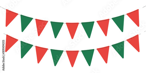 Alternating red and green triangular bunting flags on strings for festive decoration isolated white