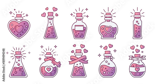 Collection of ten glowing love potion icons featuring various bottle shapes and whimsical decorations perfect for magical romance themes