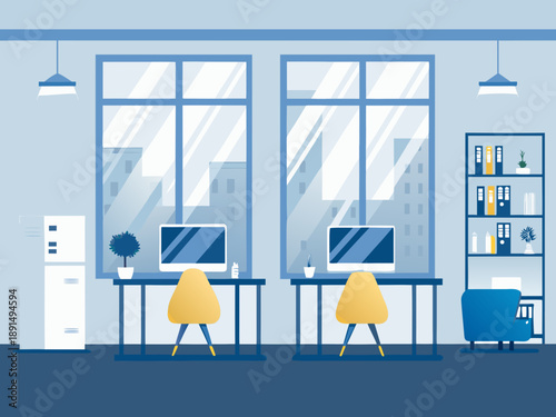 Foto Minimalist office interior with desks chairs and a calming blue color scheme
