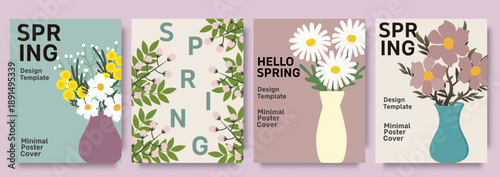 Spring greeting card set with flower bouquets in vases and floral leaves, elegant flat vector design