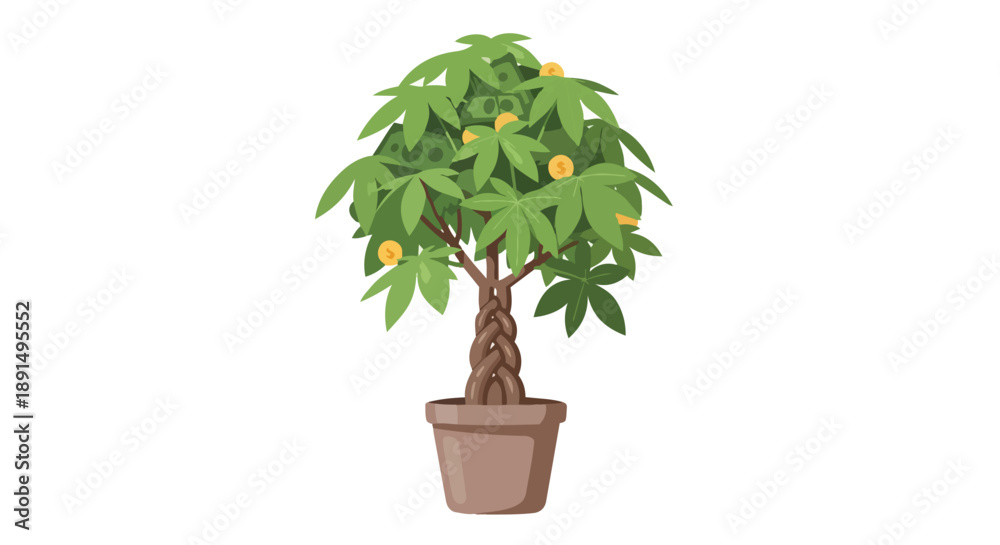 Obraz premium A vibrant green potted plant with lush foliage, showcasing shiny gold coins instead of traditional flowers, symbolizing prosperity and abundant