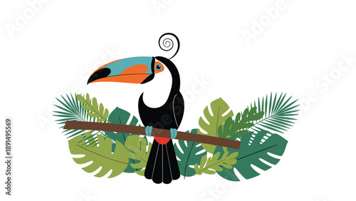 Detailed vector illustration of a colorful toucan sitting on a branch surrounded by lush tropical green leaves on white background.