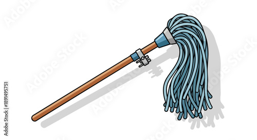 Cartoon style illustration of a standard cleaning mop with a wooden handle and blue string head