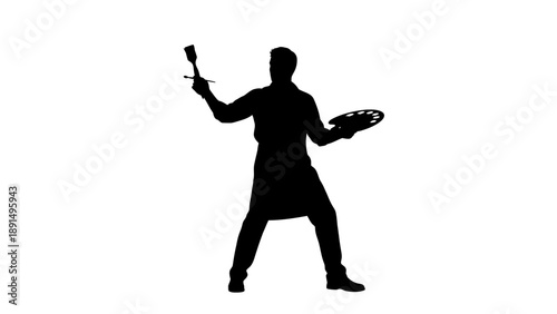 Silhouette of a chef holding a spatula and a plate.