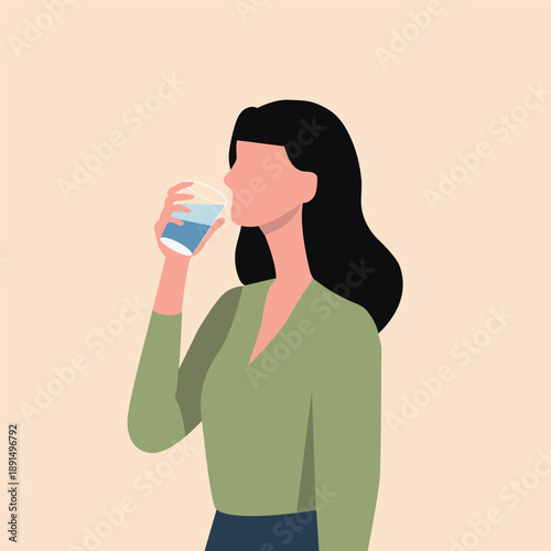 Woman drinking water from a glass. Hydration, healthy diet, healthy lifestyle concept. Flat style minimal vector. 