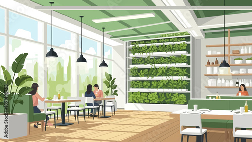 Modern, spacious restaurant interior with a prominent vertical garden, large windows, and patrons enjoying a healthy, eco-conscious dining experience in a bright, sustainable setting