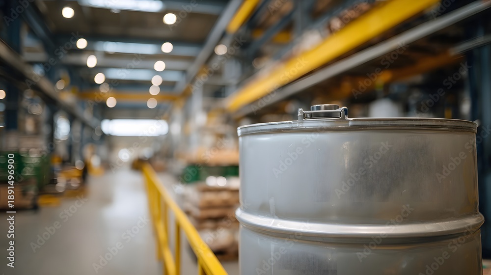 Naklejka premium Foreground industrial barrel in a blurred factory warehouse with yellow safety railing and shelving