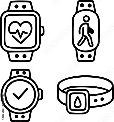 Wearable Health Tracker Icons Set – Smartwatch, Fitness Band, Heart Rate, Steps, Sleep Monitoring Line Vector