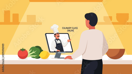 Man Watching Online Culinary Class with Fresh Ingredients on Countertop