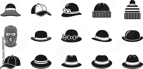 Hat silhouette icons collection, caps beanie fedora bowler winter headwear styles, black fashion vector illustration set, modern minimal design elements