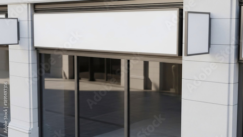 Blank white storefront signage and window display for retail mockup