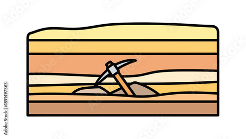 Illustration of a pickaxe in geological layers, representing mining or earth excavation.