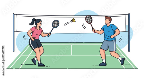 Man and woman playing badminton on a court.