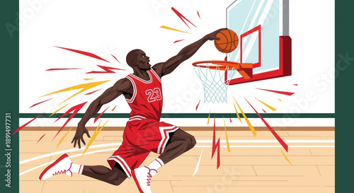 Basketball player makes a slam dunk in a red uniform with number 23.
