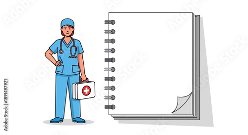 Nurse with First Aid Kit Standing Next to Notepad.