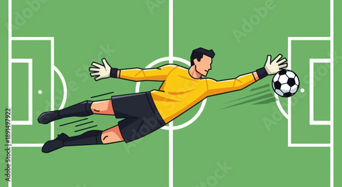 Soccer goalkeeper dives to save the ball on a green field.