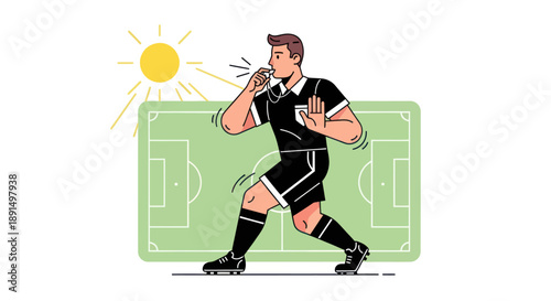Soccer referee blowing whistle on field under sun