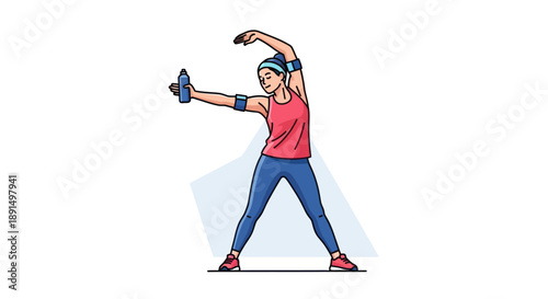A woman performs a side bend stretch with a water bottle during her fitness routine.