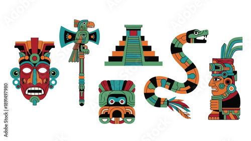 Aztec Mayan Civilization Symbols: Mask, Serpent, Pyramid, Warrior Icon, Axe