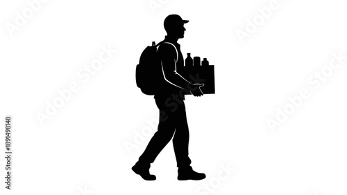 Silhouette of a delivery man carrying package and backpack.
