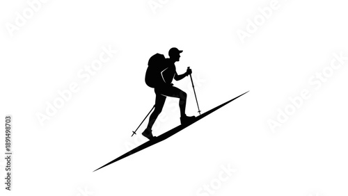 Silhouette of a hiker with backpack and trekking poles ascending a steep slope.
