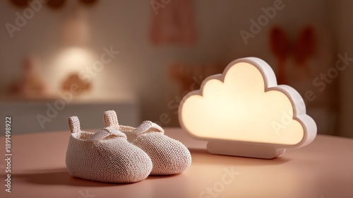 baby shoes and on a table, a cloud-shaped night light background