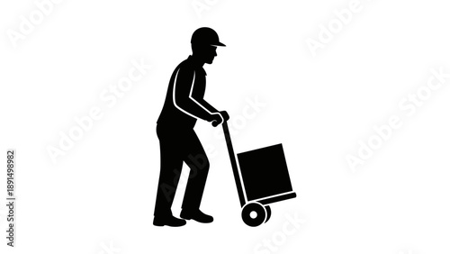 Silhouette of a delivery person pushing a hand truck with a box.