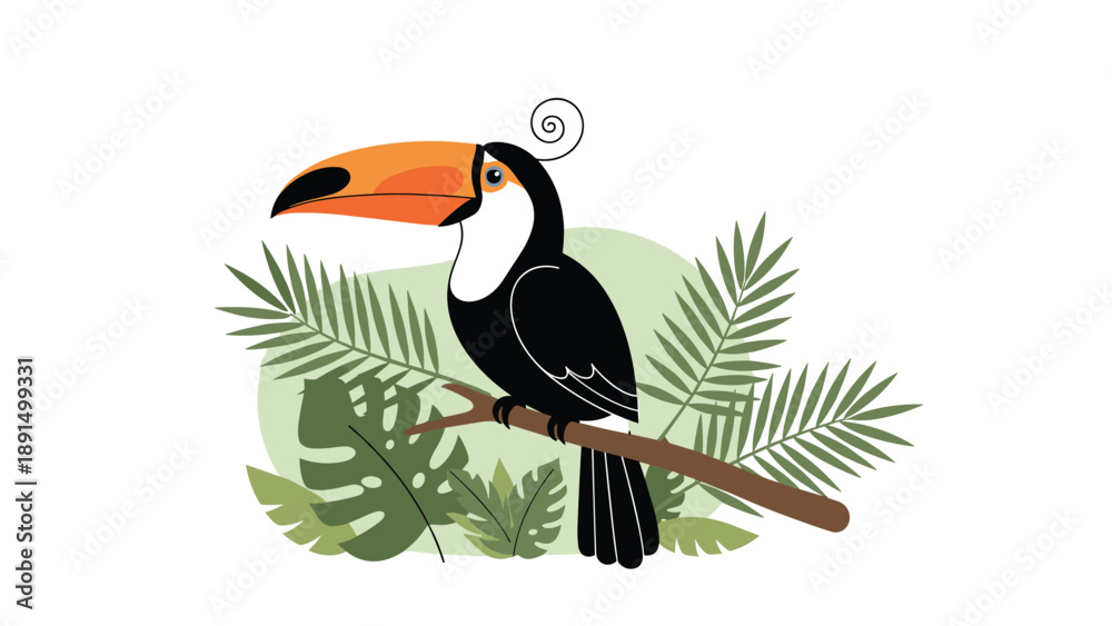 Naklejka premium Vibrant cartoon toucan bird perched on a branch surrounded by lush tropical green leaves on a white background for summer vacation themes.