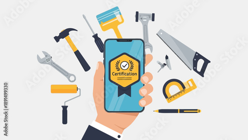 Smartphone application for professional certification in home improvement and repair services, surrounded by essential trade tools