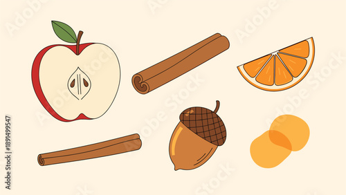 Cozy autumn-themed illustration featuring an apple slice, cinnamon sticks, an orange slice, and an acorn on a warm tan background for fall.
