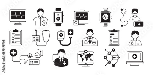 Set of medical technology and healthcare professional flat line icons collection