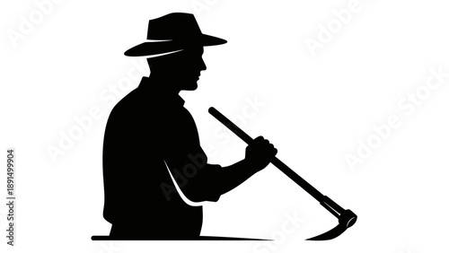 Silhouette of a farmer holding a hoe tool.