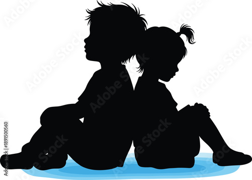 Black silhouette of two children sitting back to back on blue water waves girl