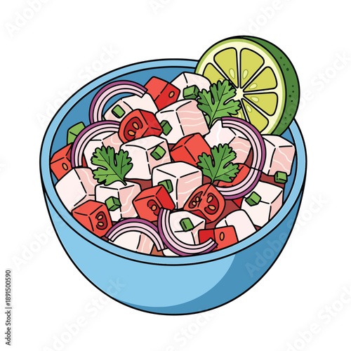 Vibrant vector illustration of fresh ceviche with fish, lime, and vegetables in a blue bowl, ready to serve