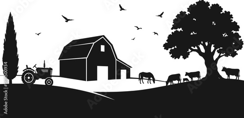 Black silhouette of a farm scene with barn tractor cows and birds in flight cattle
