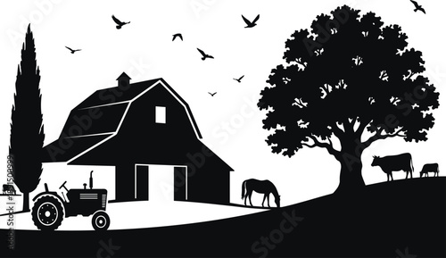 Black silhouette of a farm scene with barn tractor horse cows and birds flying