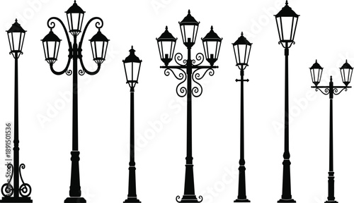 Collection of black silhouette vintage street lamps with ornate details lamp post