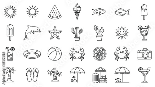 Large collection of summer themed line icons features sun sea creatures travel gear and refreshing food and drinks.