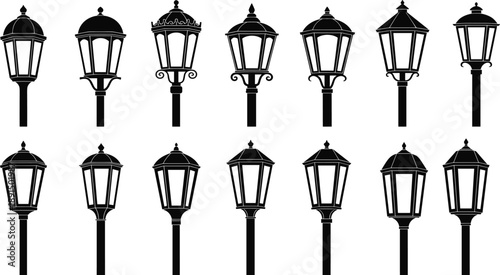 Collection of twelve black silhouette vintage street lamps on white background lamp post