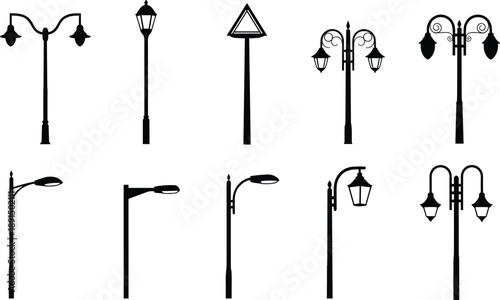 Collection of black silhouette streetlights and lampposts on white background pole