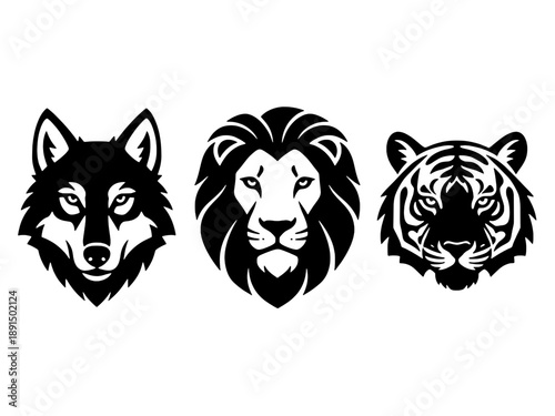 Wild Predator Animal Portraits Set - Wolf Lion and Tiger Head Icons Isolated on Transparent Background for Logo and Design