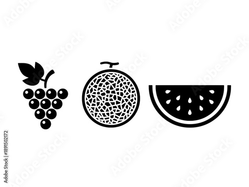 Summer Fruit Icons Collection - Grapes Cantaloupe and Watermelon Isolated on Transparent