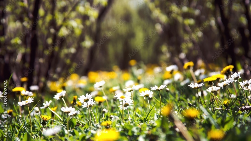 Fototapeta premium Tranquil spring meadow with blooming daisies and dandelions in sunlight.
