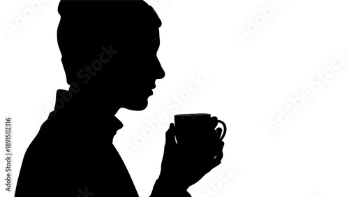 Silhouette of a person drinking from a mug against white background.